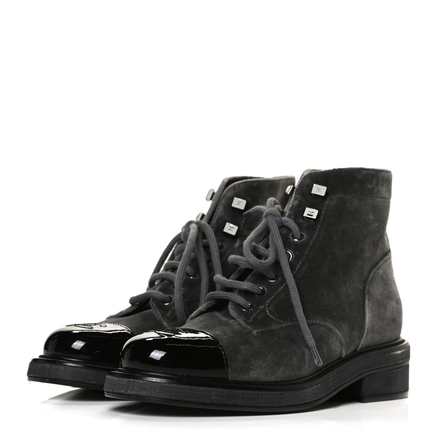 Chanel Velvet Patent Calfskin Lace Up Combat Boots 35.5 Grey Black 3 of 11