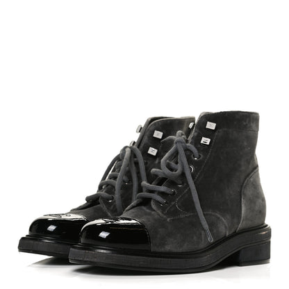 Chanel Velvet Patent Calfskin Lace Up Combat Boots 35.5 Grey Black 3 of 11