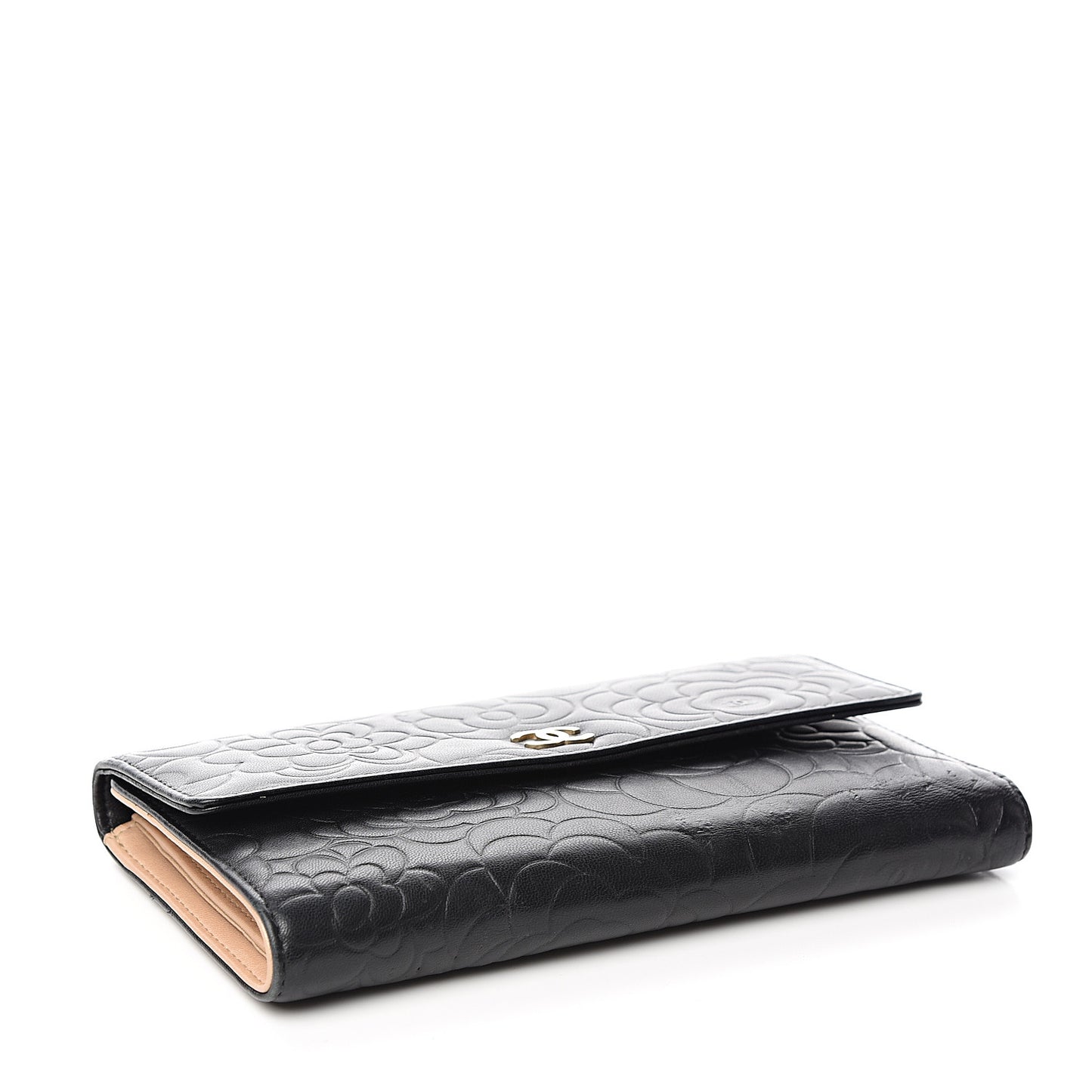 Lambskin Camellia Embossed Large Flap Wallet Black