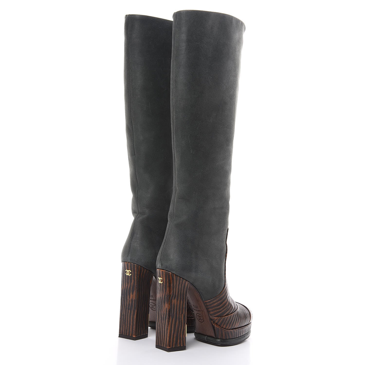 Chanel Waxed Suede Calfskin Knee High Boots 35.5 Black Dark Brown 4 of 13