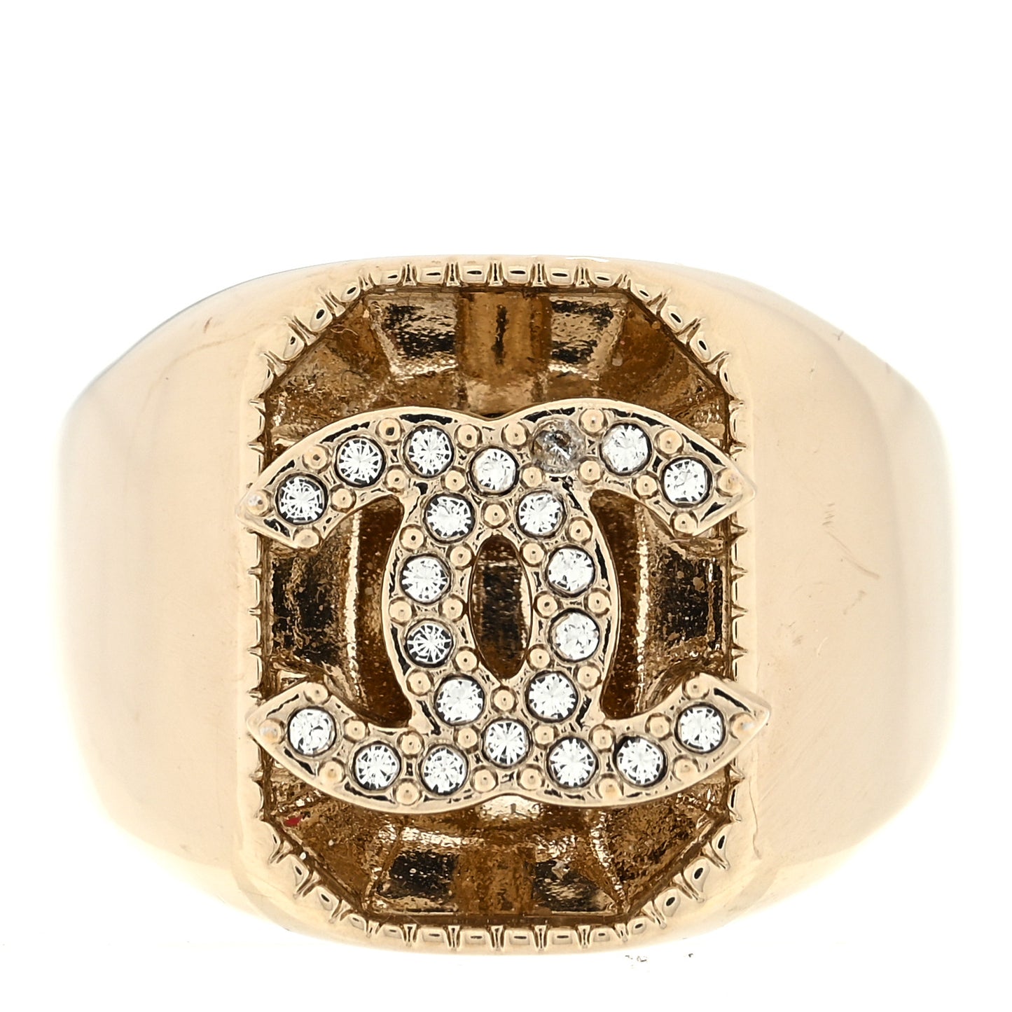 Metal Crystal CC Signet Ring 54 6.75 Light Gold