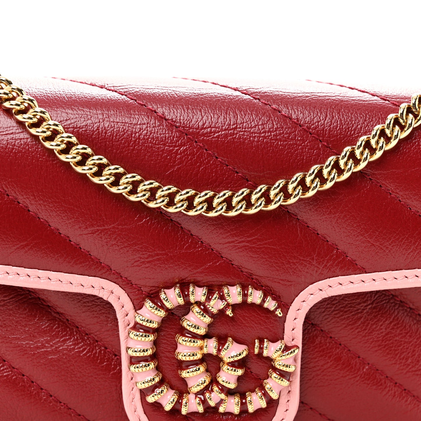 Azalea Calfskin Enamel Matelasse Diagonal Super Mini Torchon GG Marmont Shoulder Bag New Cherry Red Wild Rose
