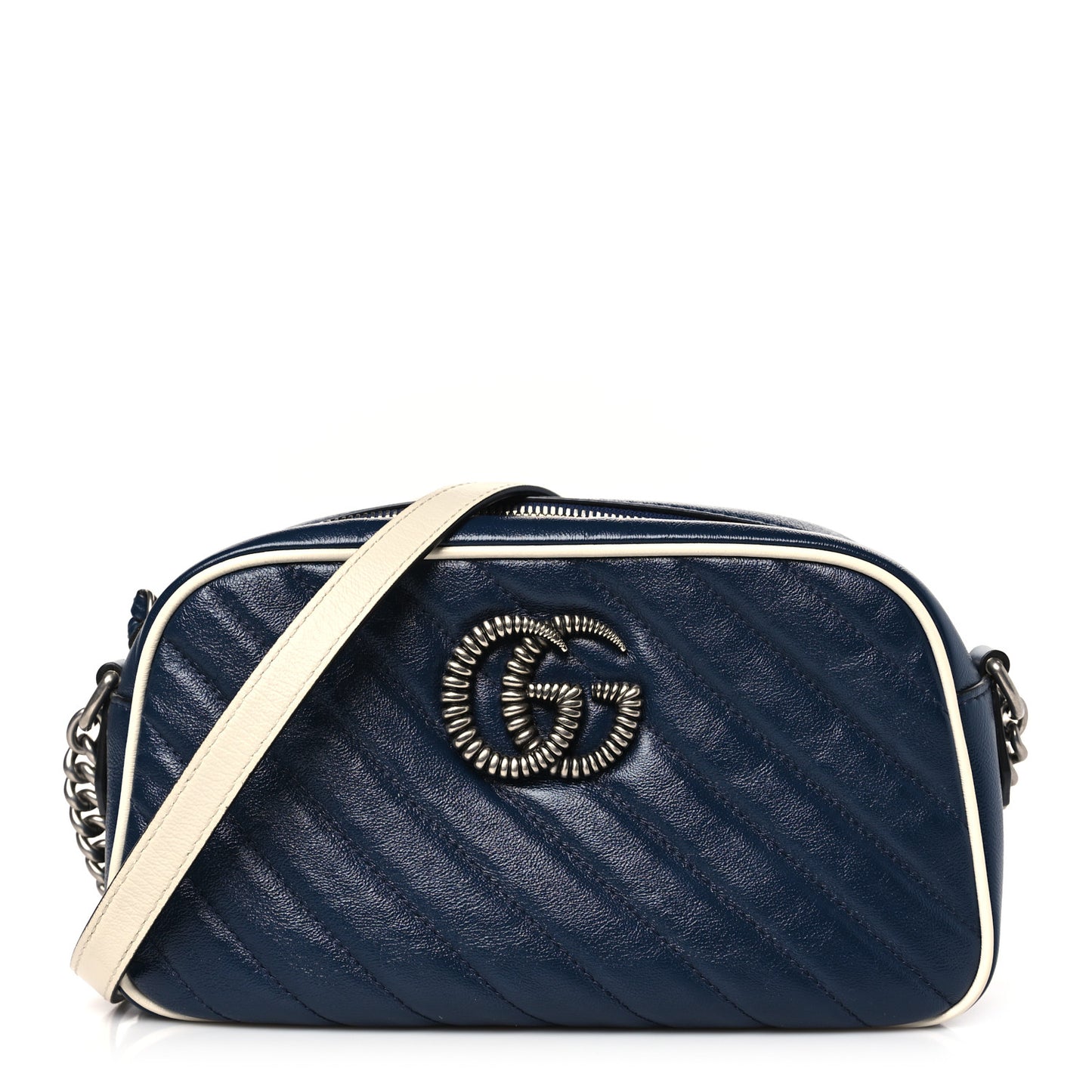 Vintage Effect Calfskin Matelasse Diagonal Small Torchon GG Marmont Chain Shoulder Bag Blue Agata Mystic White