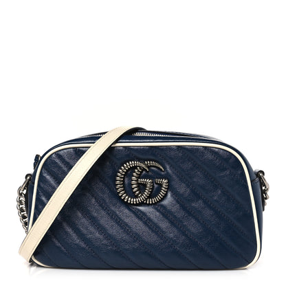 Gucci Vintage Effect Calfskin Matelasse Diagonal Small Torchon GG Marmont Chain Shoulder Bag Blue Agata Mystic White 1 of 9