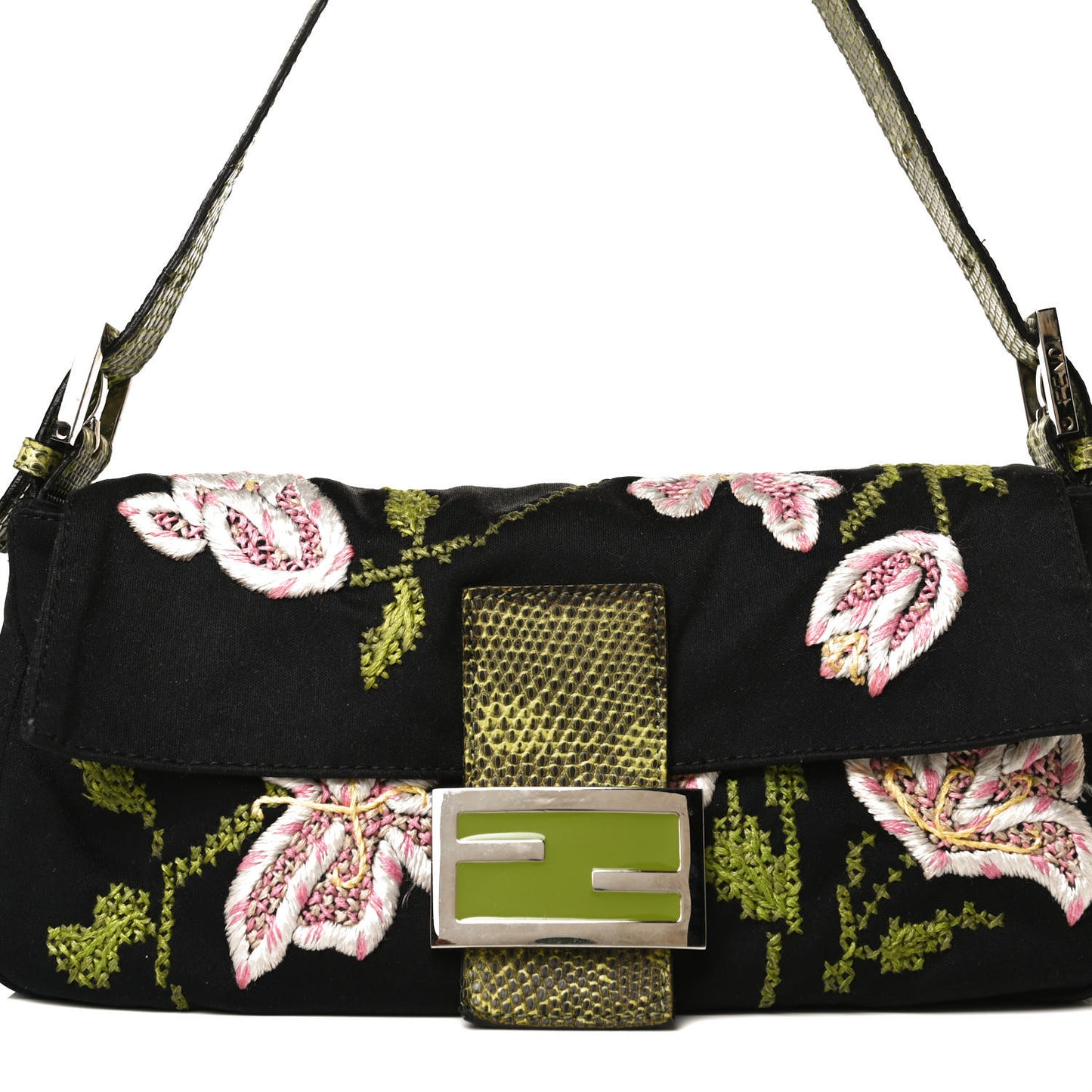 Canvas Lizard Embroidered Flower Baguette Black Multicolor