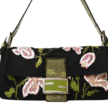 Fendi Canvas Lizard Embroidered Flower Baguette Black Multicolor 7 of 13