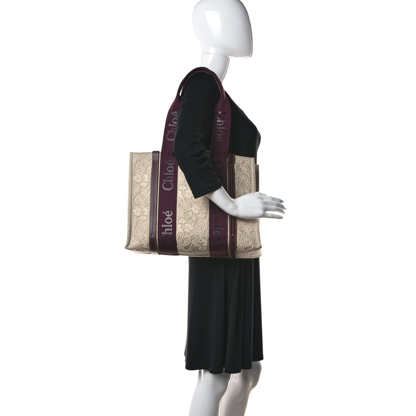 Cotton Calfskin Embroidered Medium Woody Ribbon Tote Burgundy