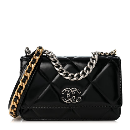 Chanel Shiny Crumpled Calfskin Quilted Chanel 19 Wallet On Chain WOC Black 1 of 13
