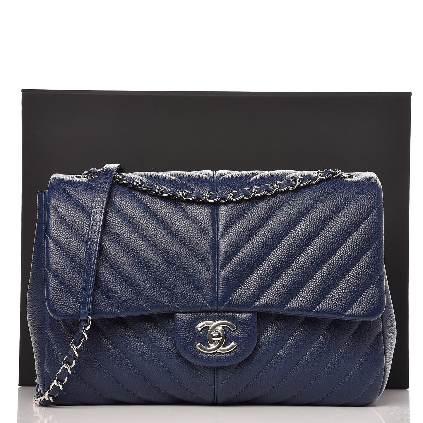 Caviar Chevron Large Puffy CC Flap Navy