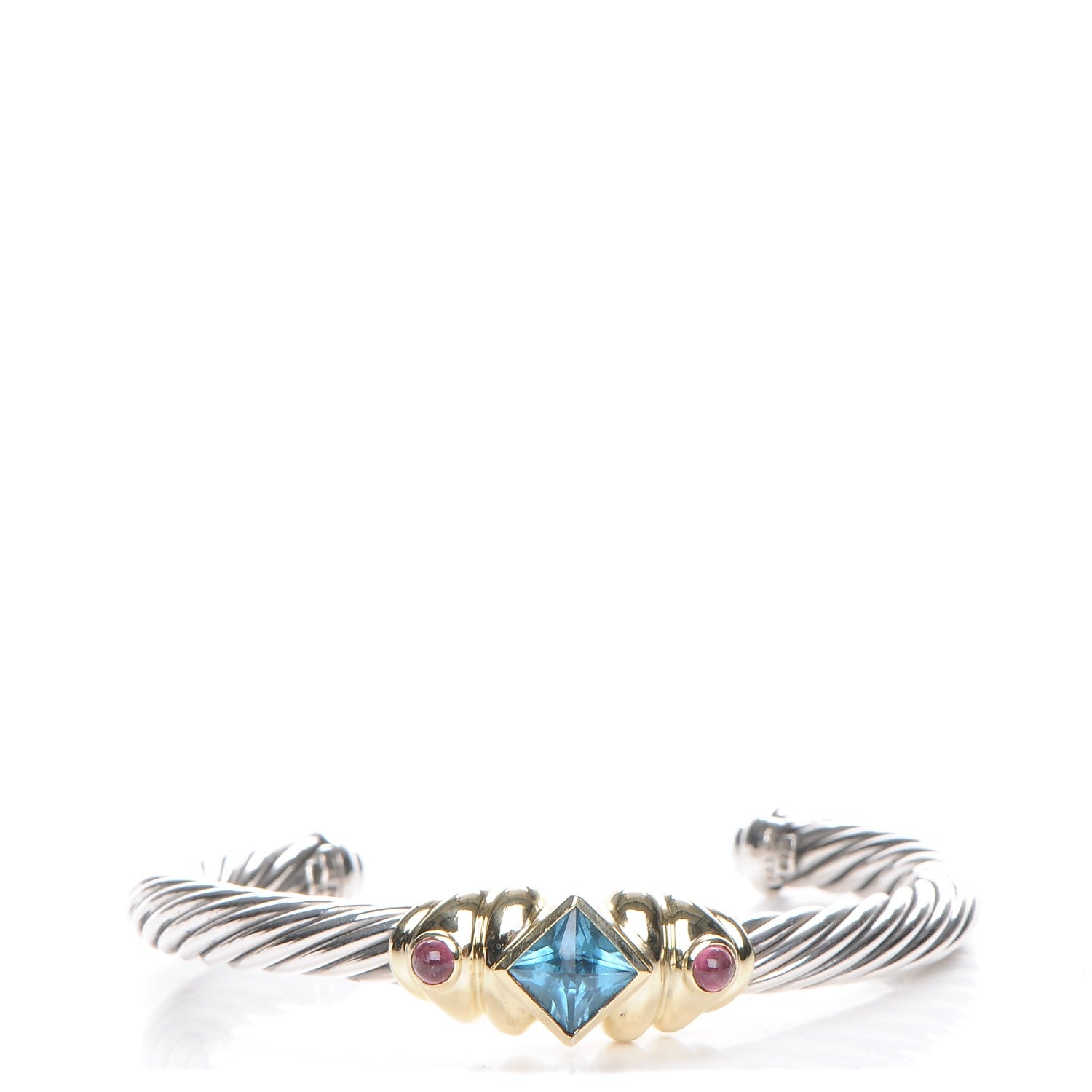 David Yurman Sterling Silver 14K Yellow Gold 7mm Blue Topaz Pink Tourmaline Renaissance Cable Station Bracelet 1 of 6
