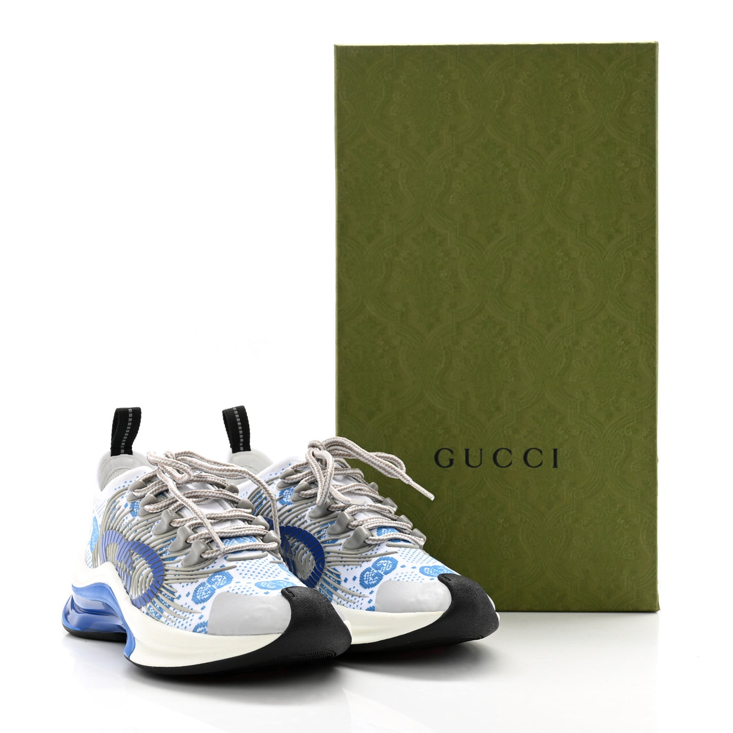 Technical Knit Fabric Waves GG Monogram Womens Gucci Run Sneakers 35 Great White Bright Splash Thunder Grey Sky