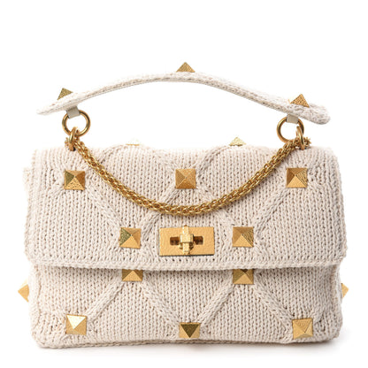 Valentino Garavani Knit Large Roman Stud Shoulder Bag Ecru 1 of 9