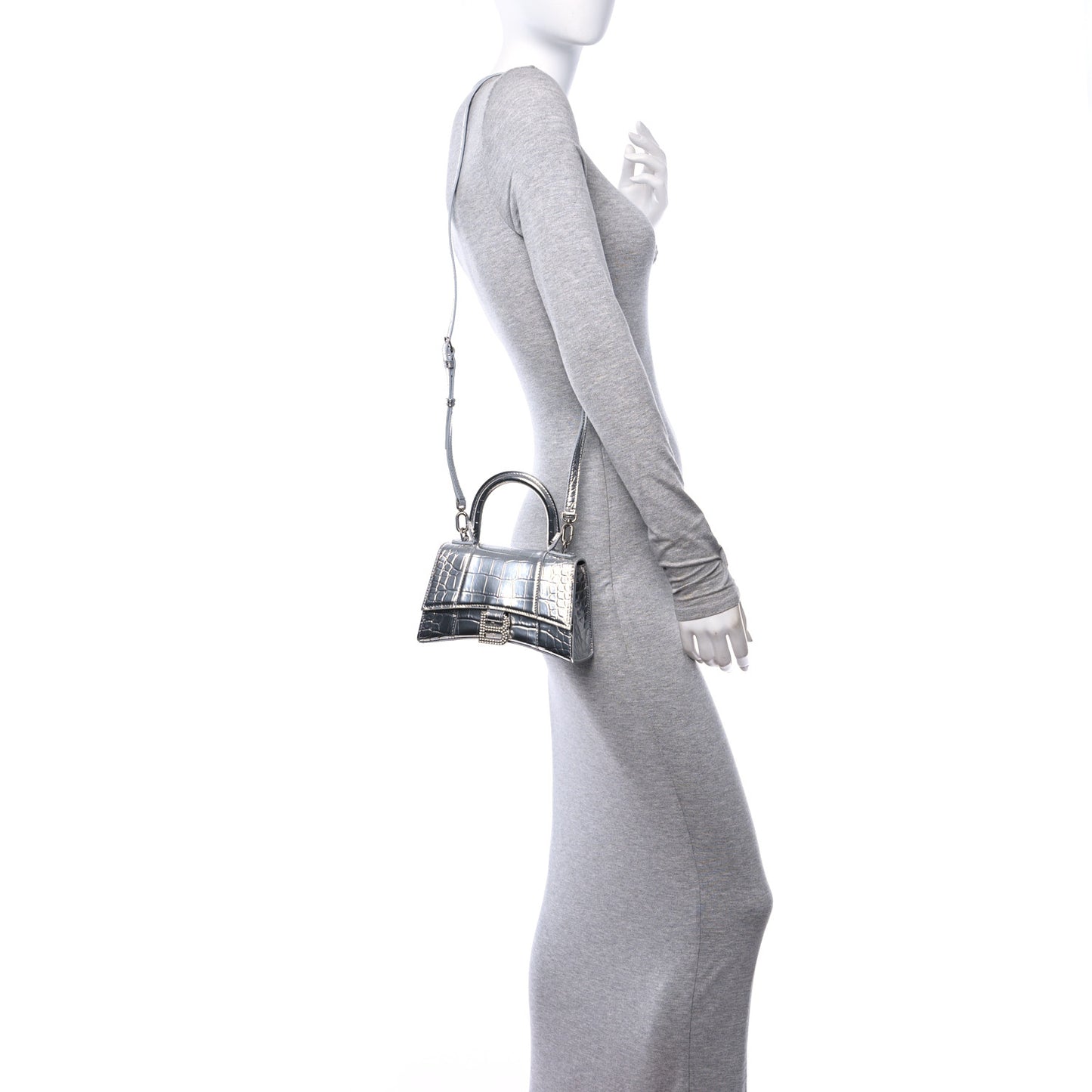 Metallic Calfskin Crocodile Embossed Crystal Hourglass Top Handle Bag XS Silver