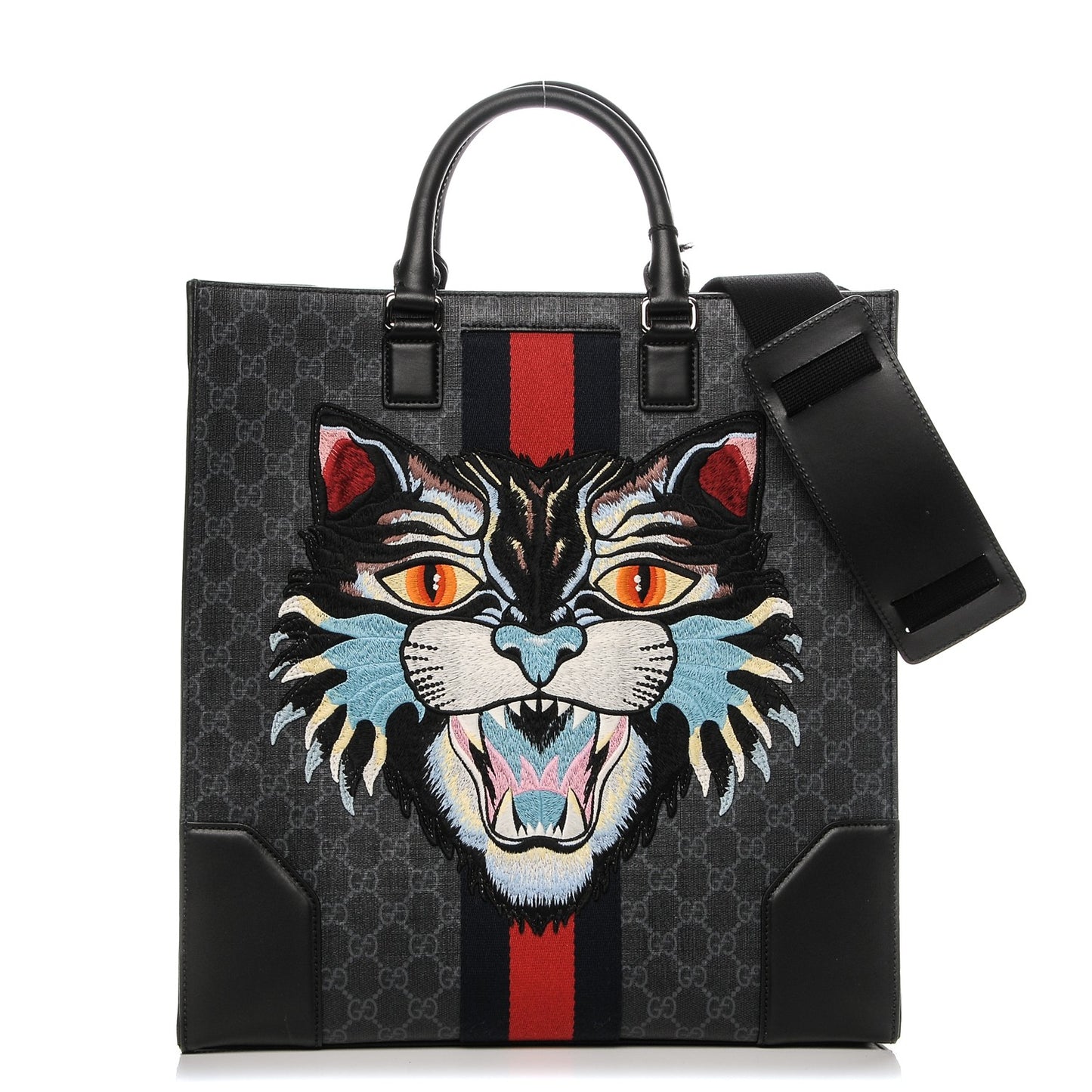 GG Supreme Monogram Web Angry Cat Embroidered Vertical Tote Black Grey