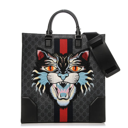 Gucci GG Supreme Monogram Web Angry Cat Embroidered Vertical Tote Black Grey 1 of 7