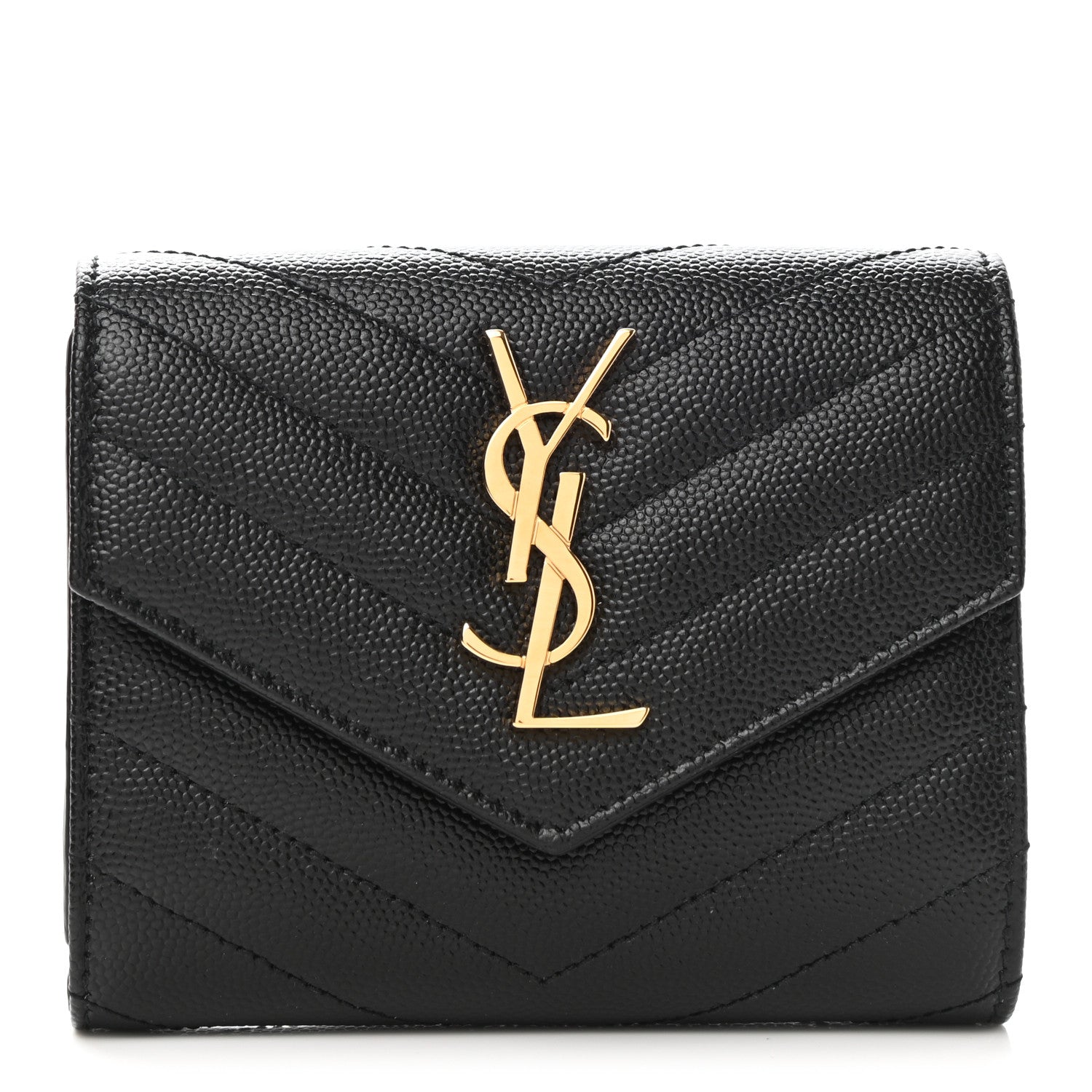 Saint Laurent Grain De Poudre Matelasse Chevron Monogram Compact Tri Fold Wallet Black 1 of 8
