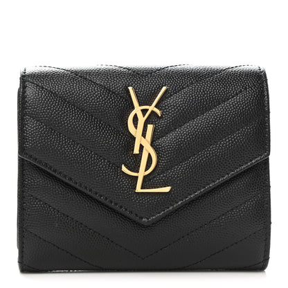 Saint Laurent Grain De Poudre Matelasse Chevron Monogram Compact Tri Fold Wallet Black 1 of 8