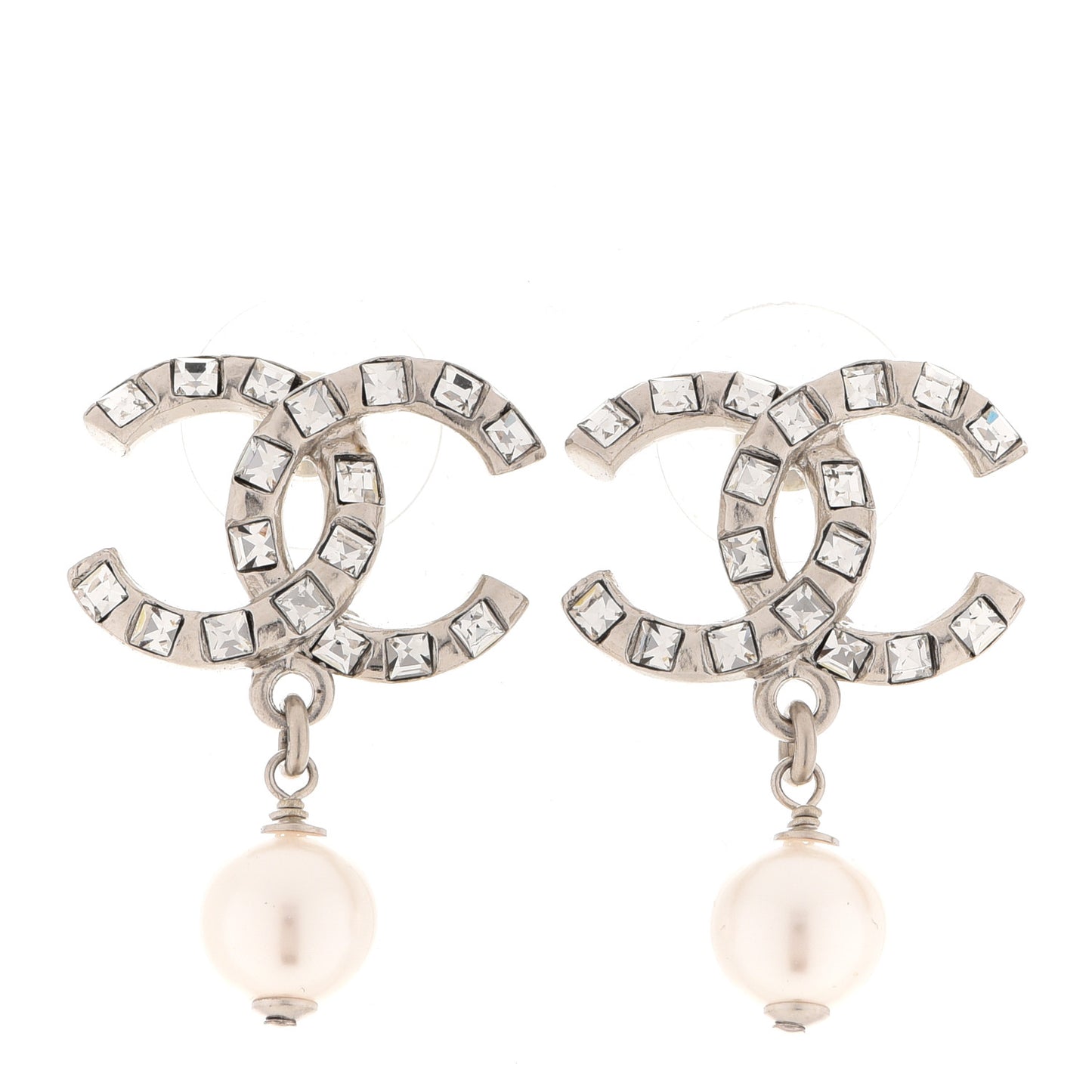 Crystal Baguette Pearl CC Drop Earrings Silver