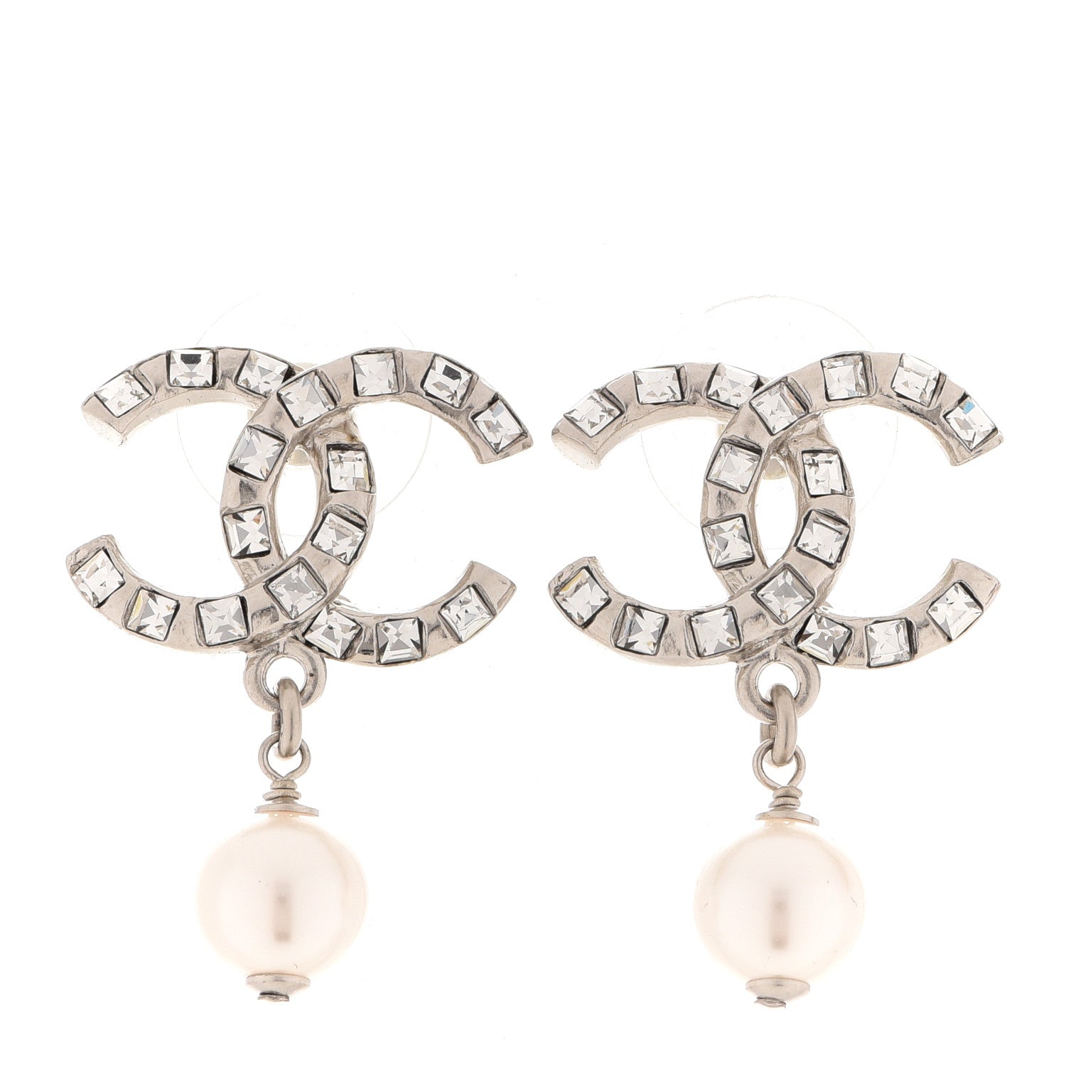 Chanel Crystal Baguette Pearl CC Drop Earrings Silver 1 of 5