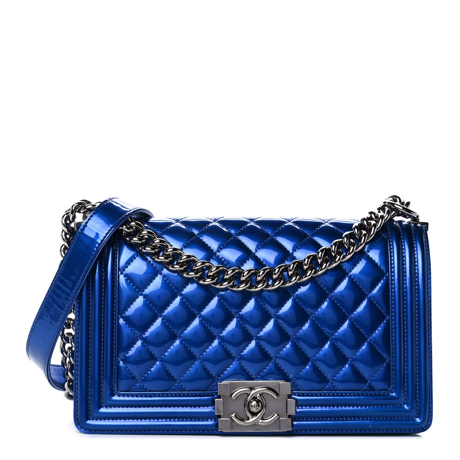 Chanel Metallic Patent Quilted Medium Boy Flap Blue 1 of 13