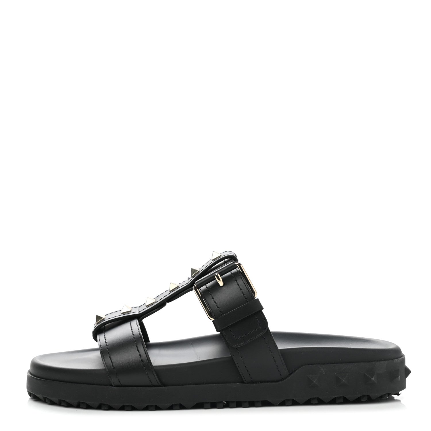 Valentino Garavani Calfskin Rockstud Buckled Slide Sandals 39 Black 1 of 9