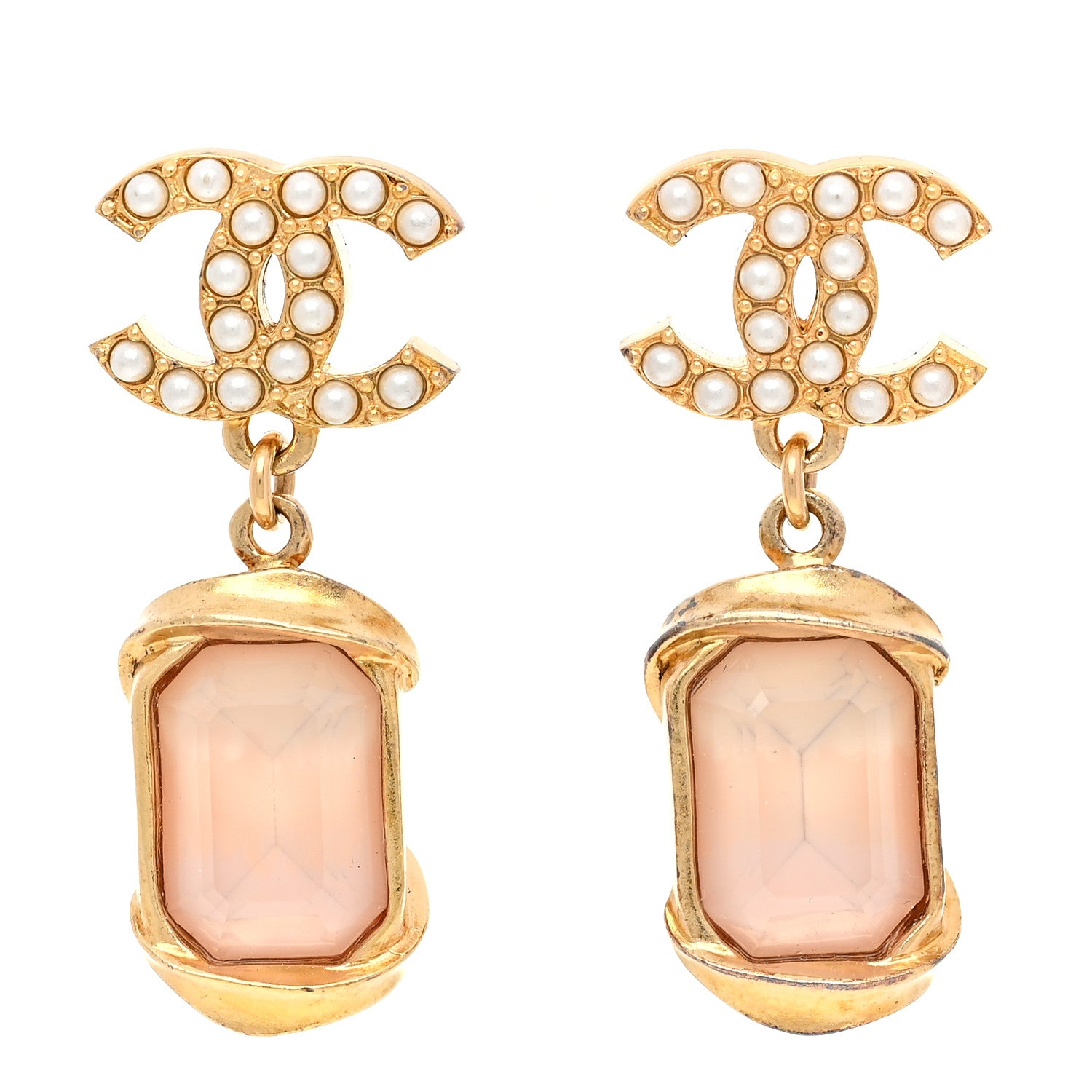 Chanel Crystal Pearl CC Drop Earrings Gold White 1 of 7