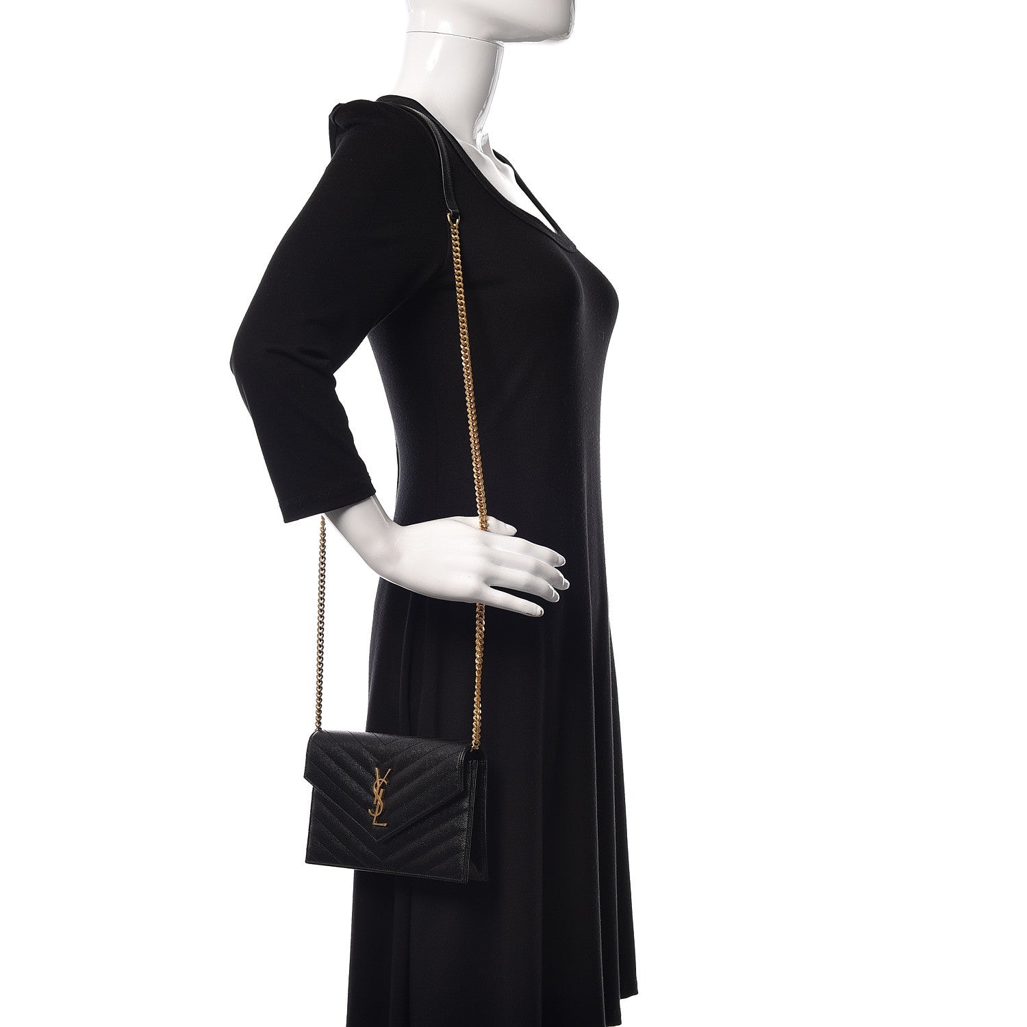 Saint Laurent Grain De Poudre Matelasse Chevron Monogram Envelope Chain Wallet Black 2 of 10