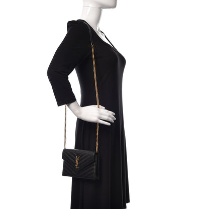 Saint Laurent Grain De Poudre Matelasse Chevron Monogram Envelope Chain Wallet Black 2 of 10