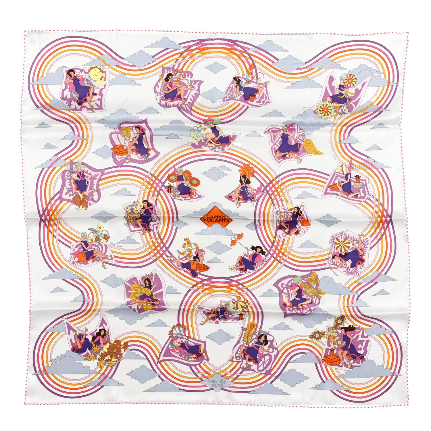 Hermes Silk Carres Volants Scarf 70 White Violet Orange 1 of 6