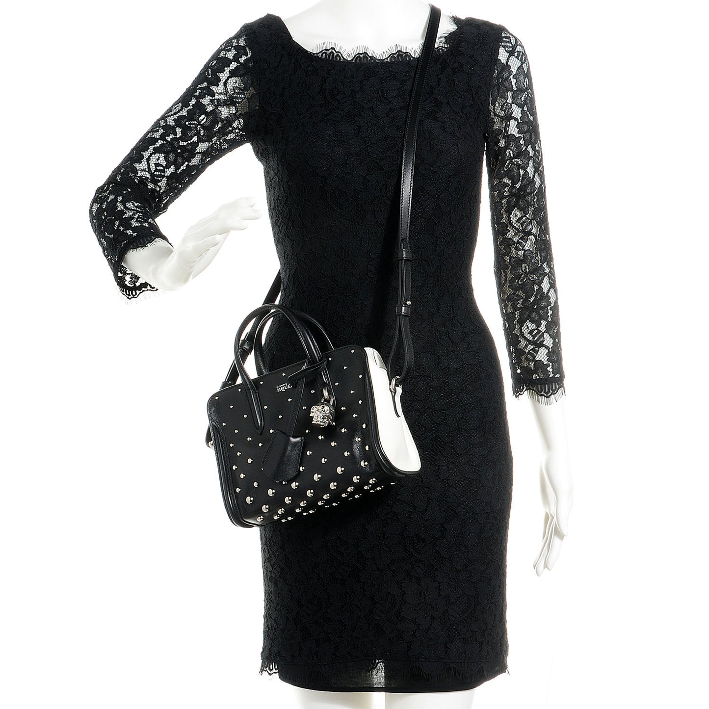 Calfskin Studded Mini Padlock Tote Black White