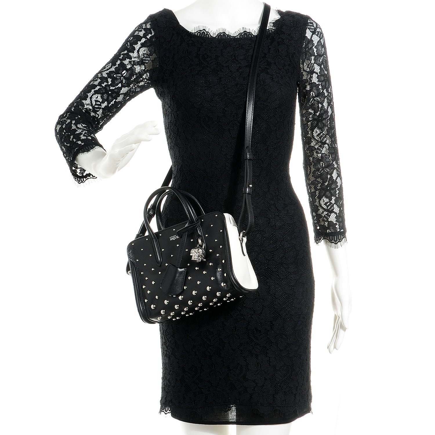 Alexander McQueen Calfskin Studded Mini Padlock Tote Black White 2 of 8
