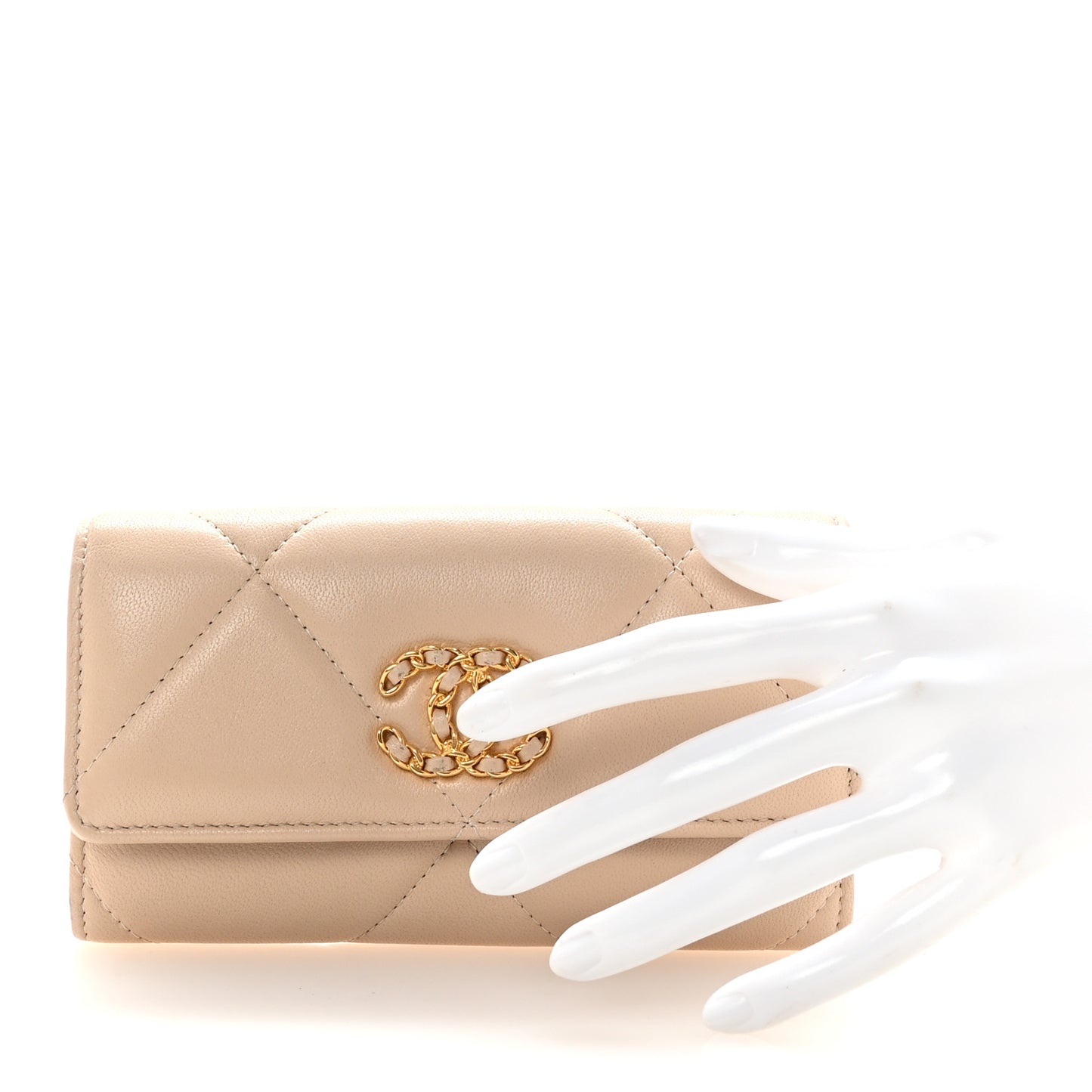 Shiny Goatskin Quilted Chanel 19 Flap Wallet Beige