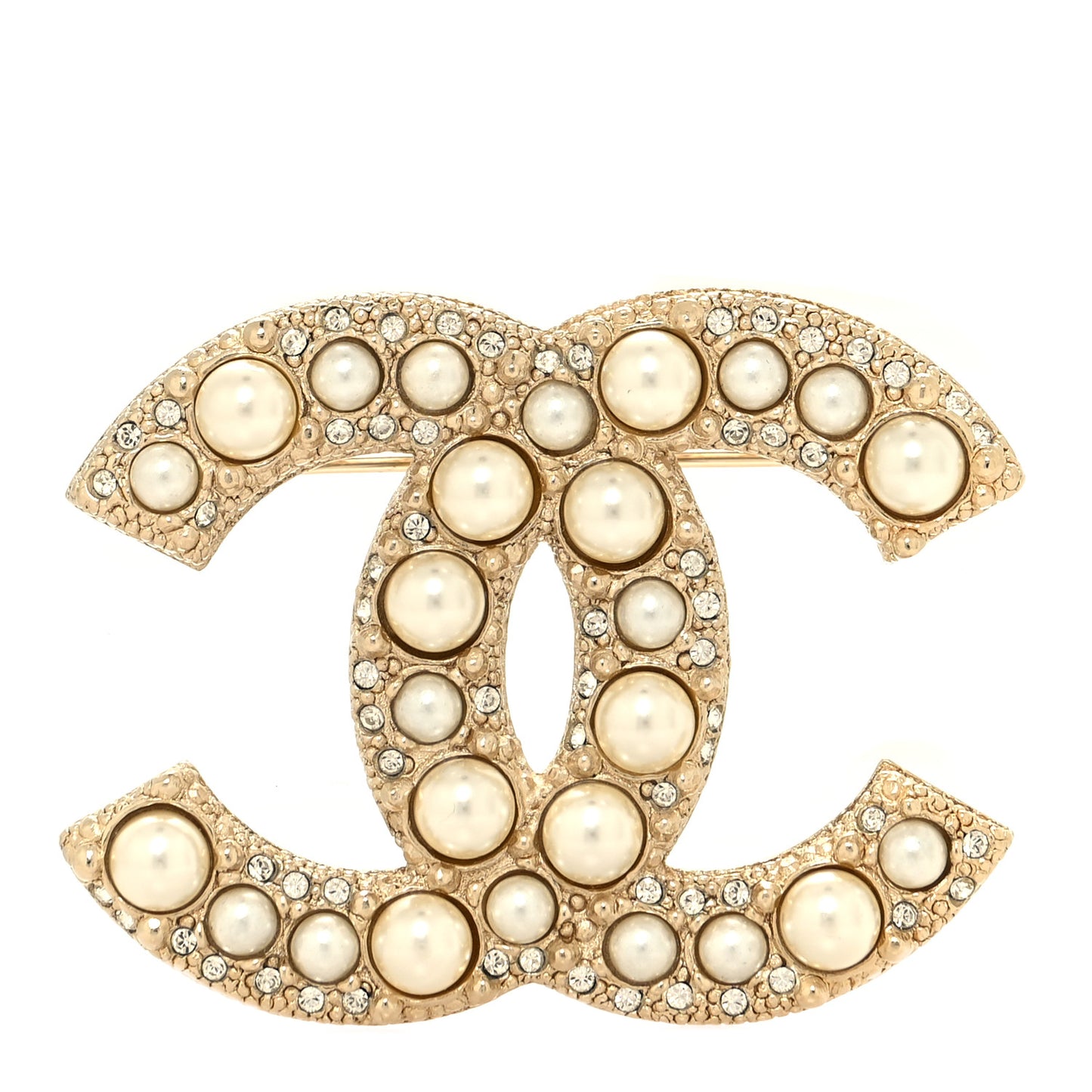 Metal Crystal Graduated Pearl CC Brooch Gold