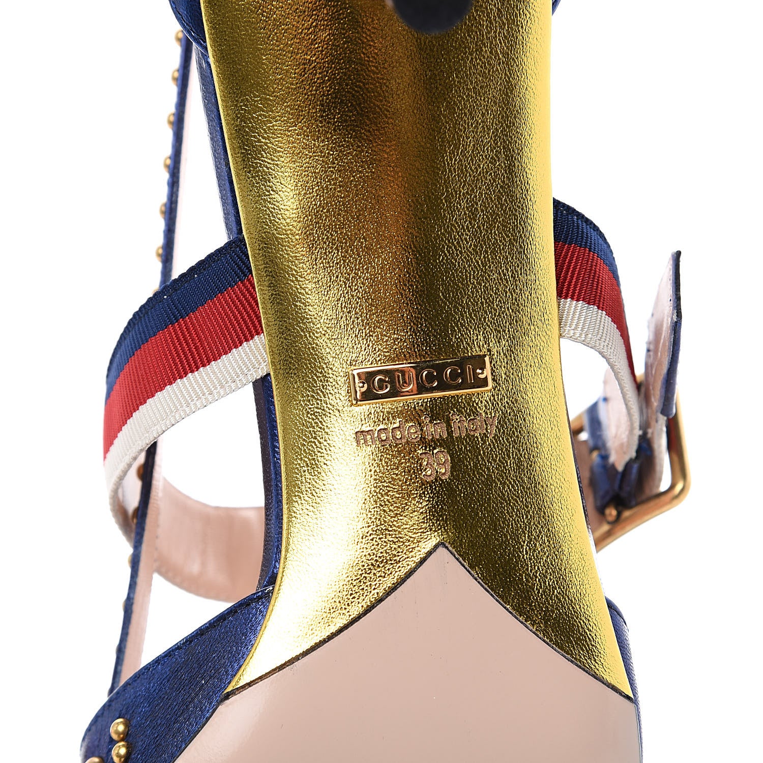 Gucci Metallic Nappa Silk Grosgrain Studded Sylvie Web Bamboo Low Heel Pumps 39 Sapphire 10 of 10