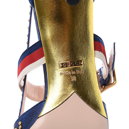 Gucci Metallic Nappa Silk Grosgrain Studded Sylvie Web Bamboo Low Heel Pumps 39 Sapphire 10 of 10