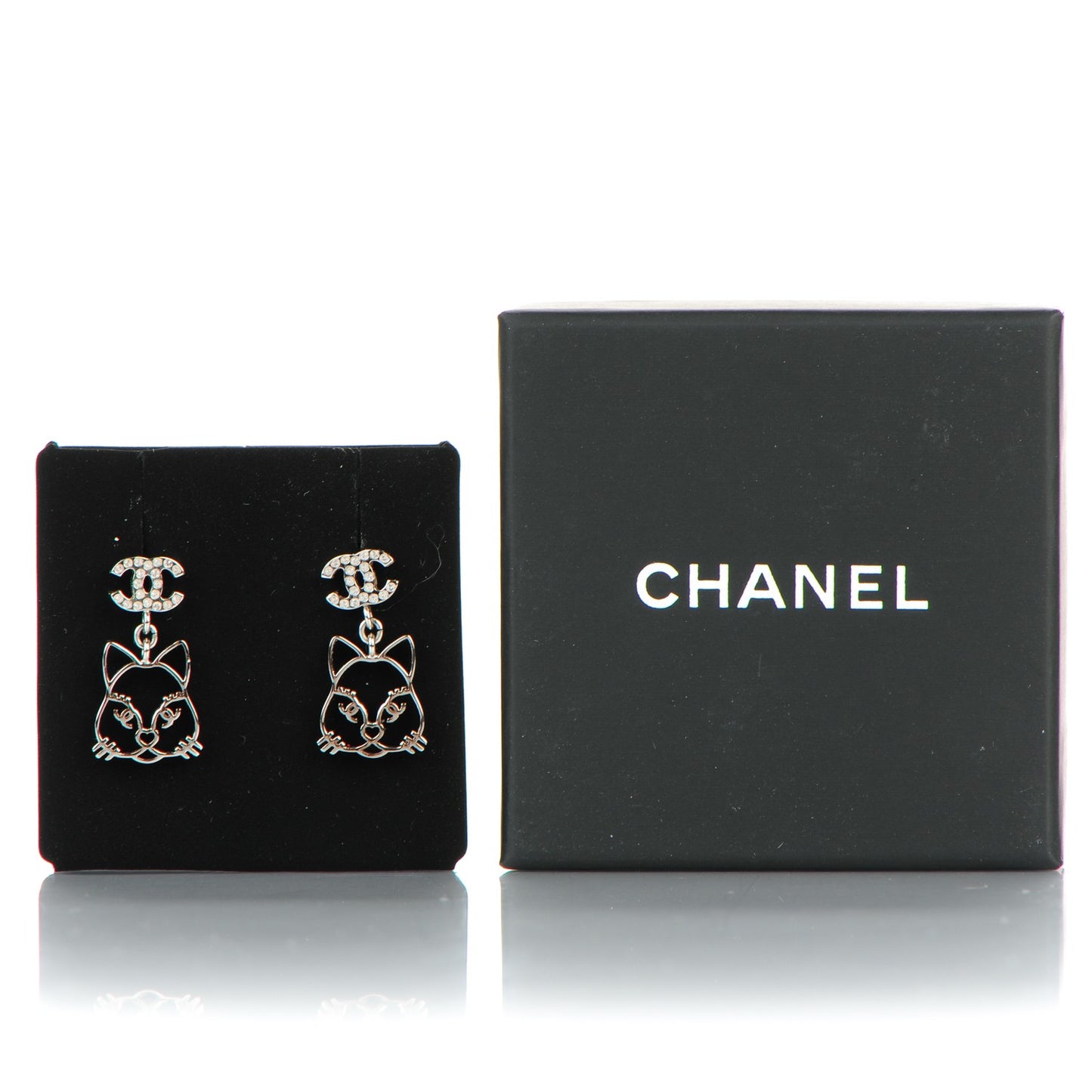 Crystal Emoji Choupette Cat CC Earrings Silver