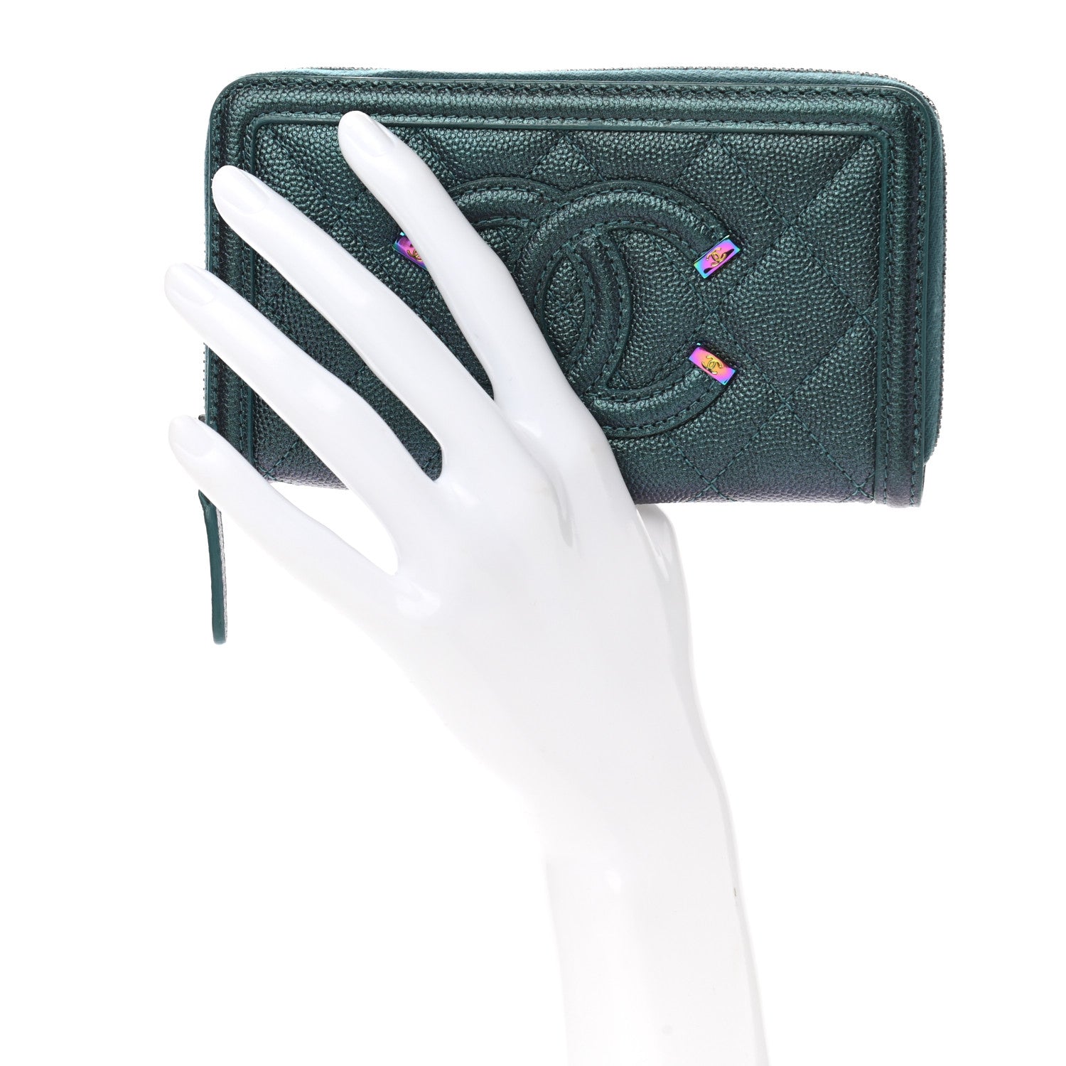 Chanel Iridescent Caviar Quilted Medium Filigree Zip Around Wallet Dark Turquoise 2 of 8
