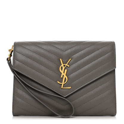 Saint Laurent Grain De Poudre Matelasse Chevron Monogram Envelope Clutch Fog 1 of 7