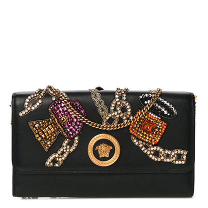Versace Nappa Crystal Embroidered Medusa Wallet on Chain Crossbody Black 1 of 10