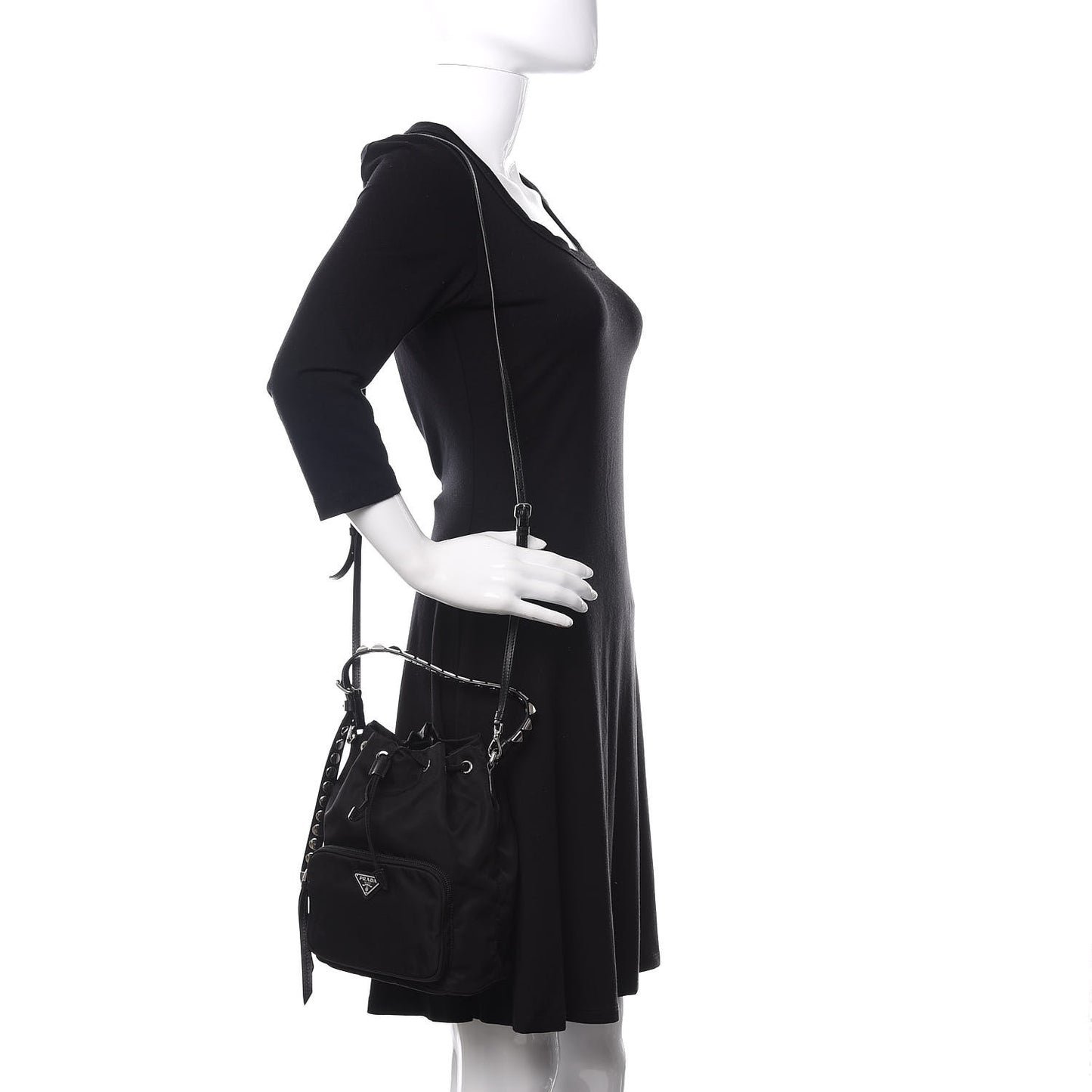Tessuto Nylon Studded New Vela Mini Bucket Crossbody Bag Black