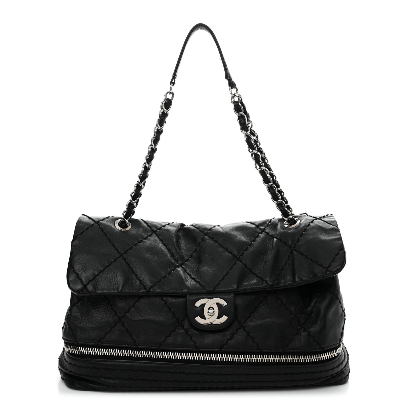 Calfskin Stitched Large Expandable Flap Bag Black