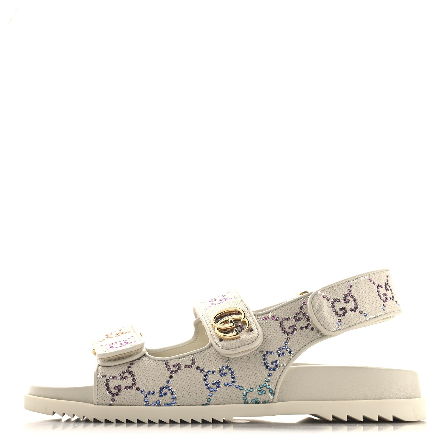 Gucci Canvas Lame Crystal GG Monogram Double G Womens Dad Sandals 37.5 Gardenia Silver Mystic White 1 of 9