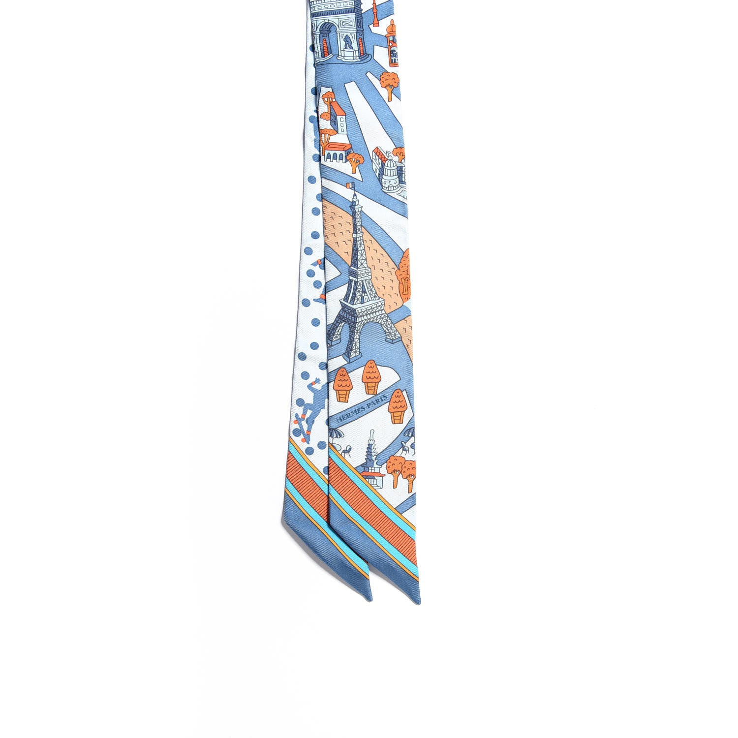 Hermes Silk Les Nouveaux Amoureux de Paris Twilly Ciel Blue Jean Orange 2 of 4