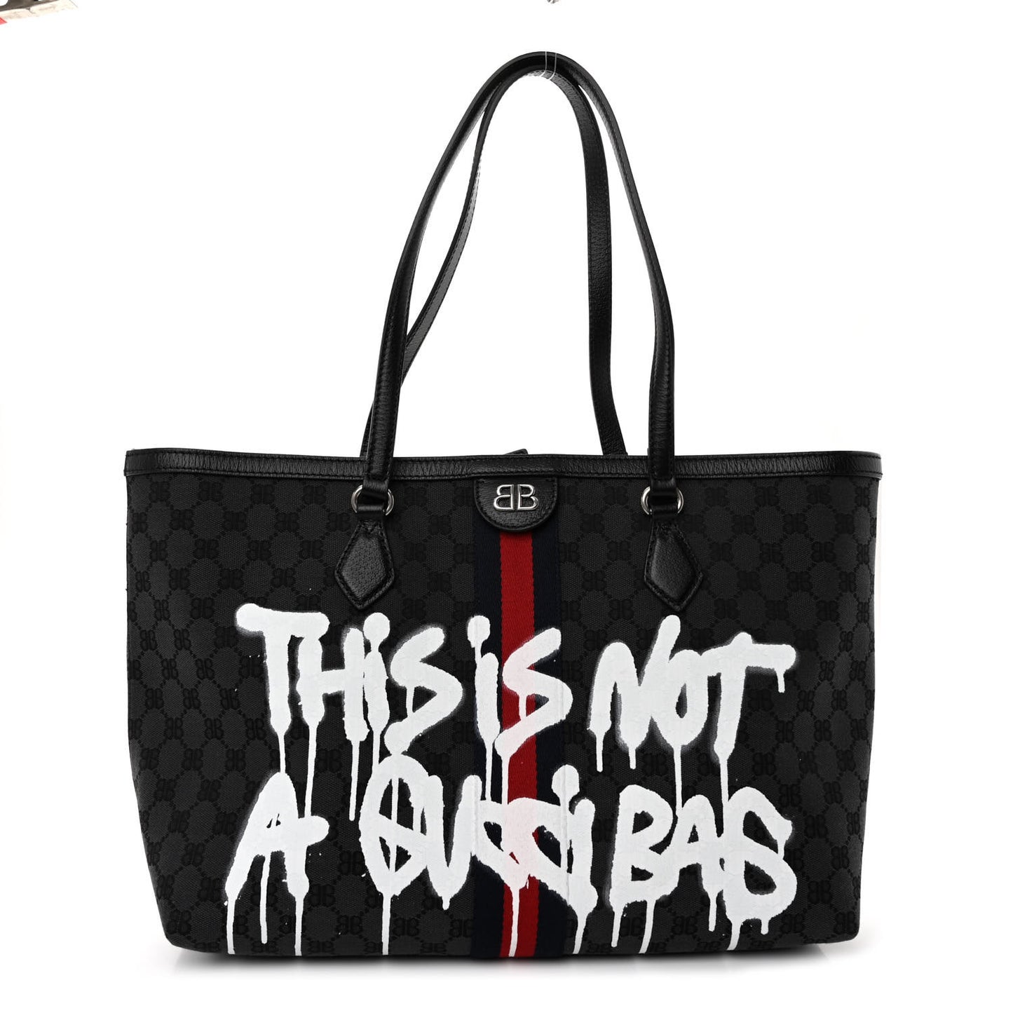 X BALENCIAGA BB Monogram Web Graffiti Medium Ophidia Shopping Tote Black