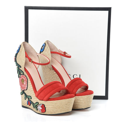Gucci Kid Scamosciato Ophelia Espadrille Platform Wedge Sandals 37.5 Hibiscus Rd 8 of 8