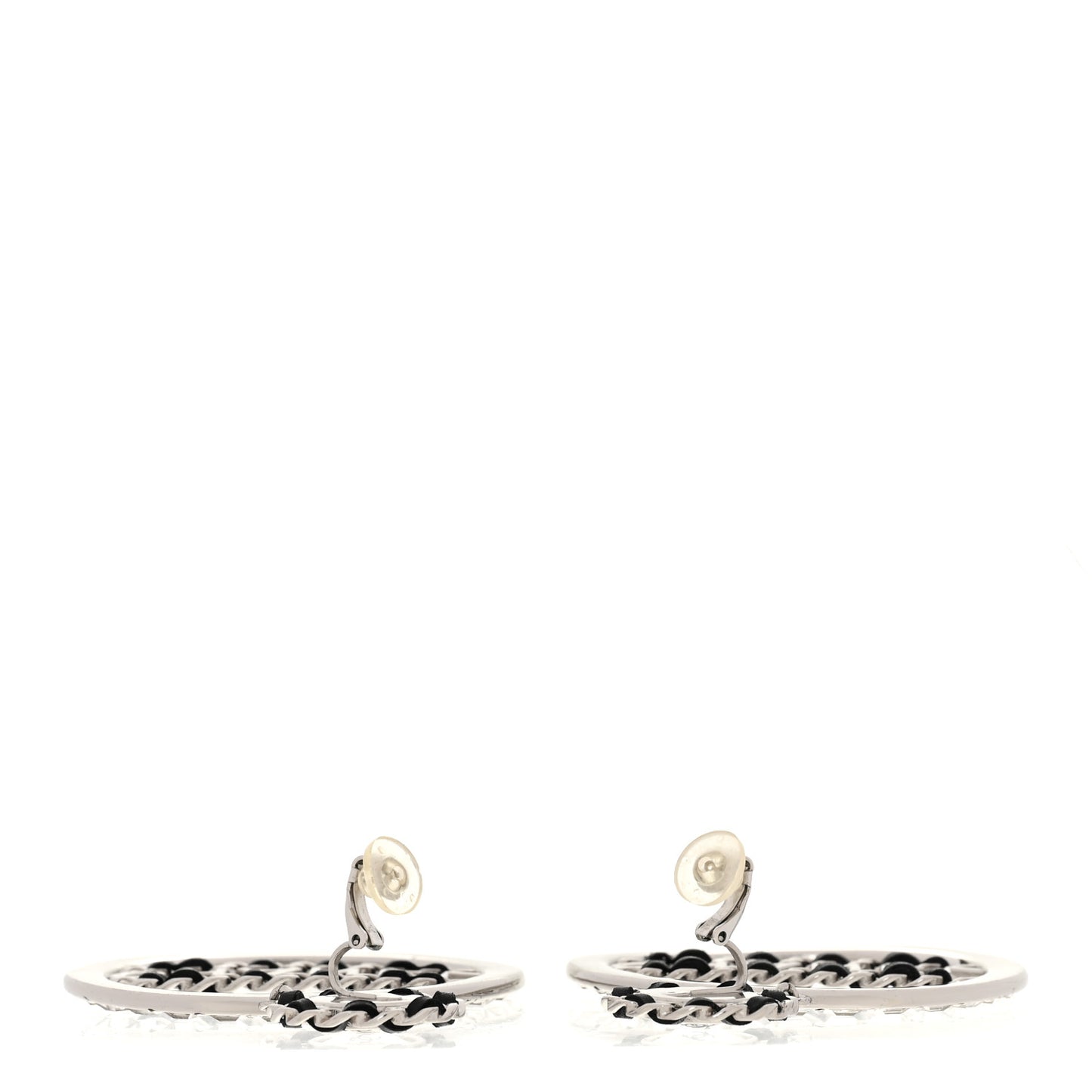 Crystal Lambskin Chain CC Hoop Clip On Earrings Black Silver