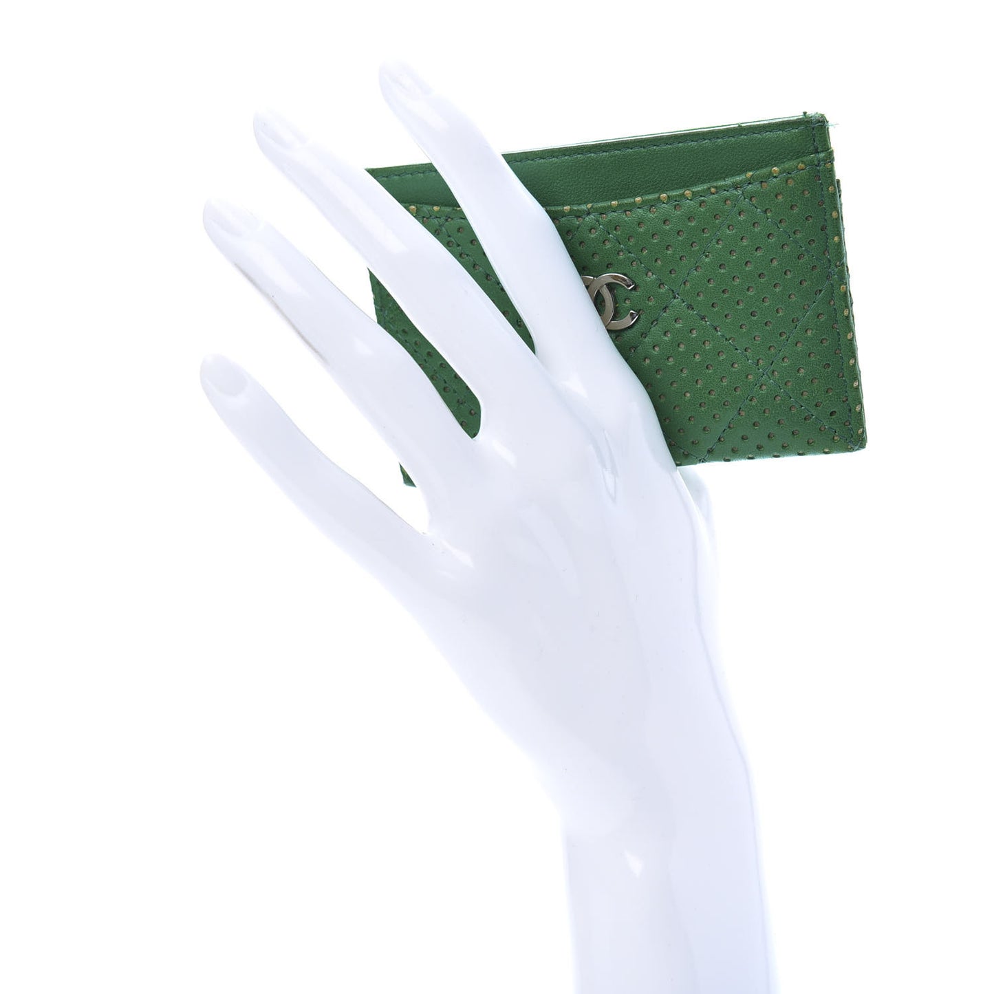 Perforated Lambskin Quilted Card Holder Green