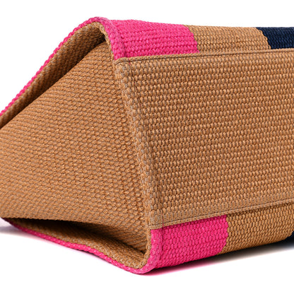 Chanel Straw Raffia Calfskin Striped Medium Deauville Tote Dark Beige Fuchsia Navy Blue 8 of 13