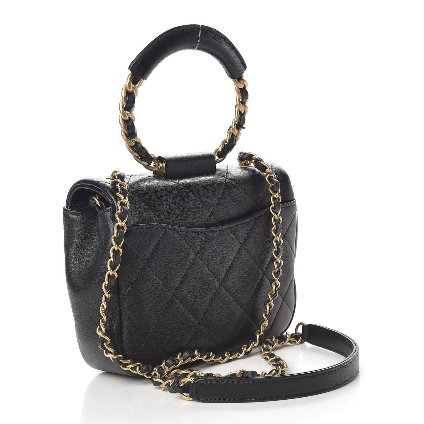Lambskin Quilted Small Circular Handle Bag Black