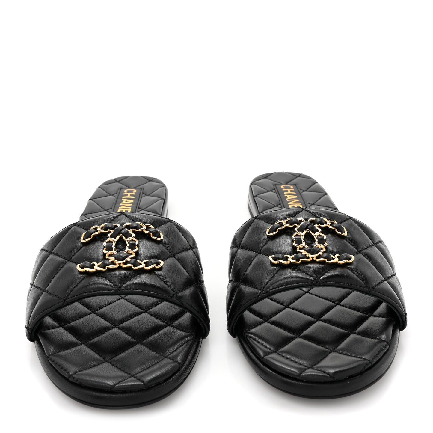 Shiny Goatskin Quilted CC Mules Sandals 40 Black